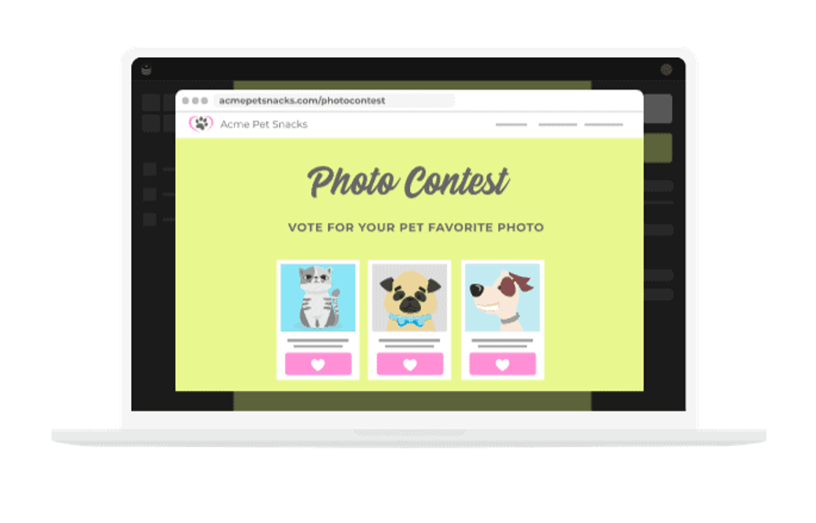 Ejemplo de concurso de shortstack presentando un concurso de fotos de mascotas que los participantes deciden cuál es la mejor