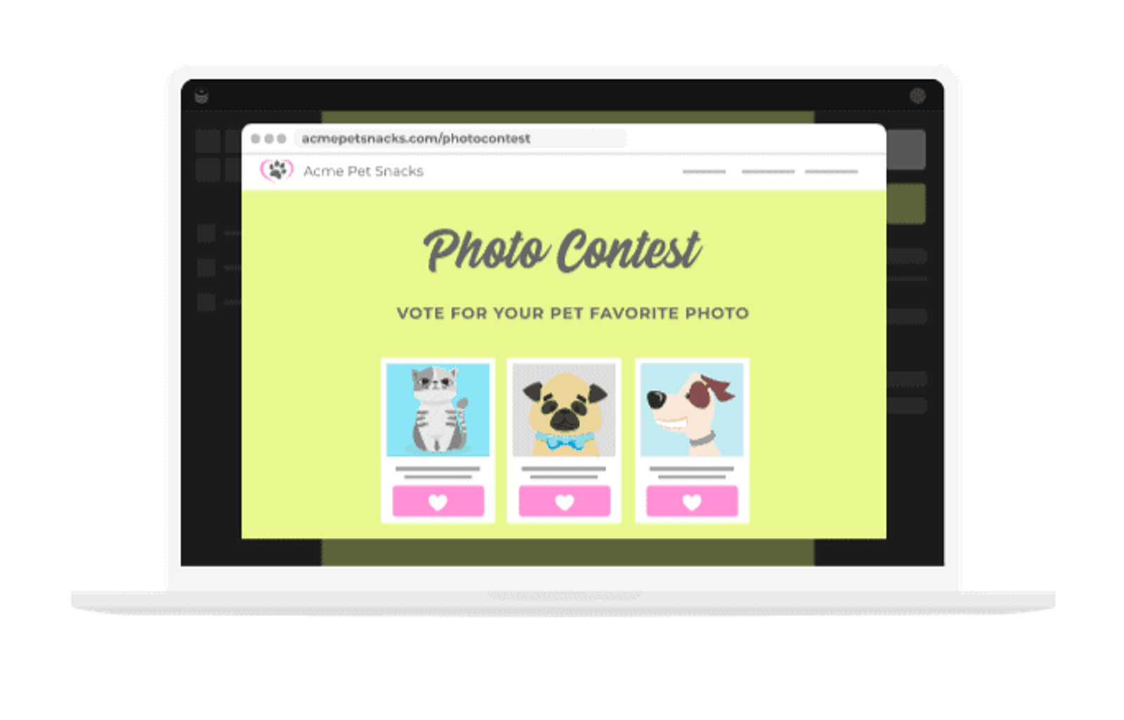 Ejemplo de concurso de shortstack presentando un concurso de fotos de mascotas que los participantes deciden cuál es la mejor