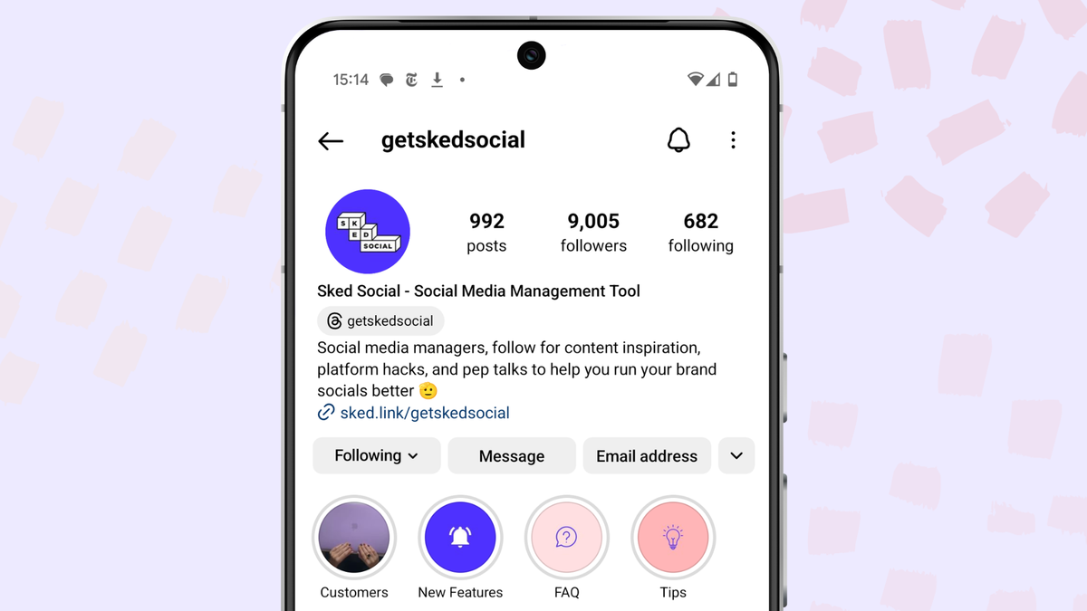 A phone mockup with Sked Social's Instagram bio displayed.
