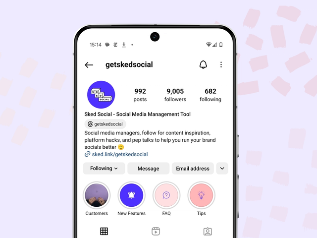 A phone mockup with Sked Social's Instagram bio displayed.