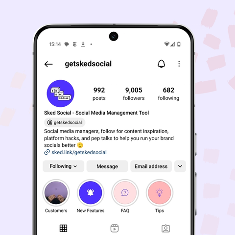 A phone mockup with Sked Social's Instagram bio displayed.