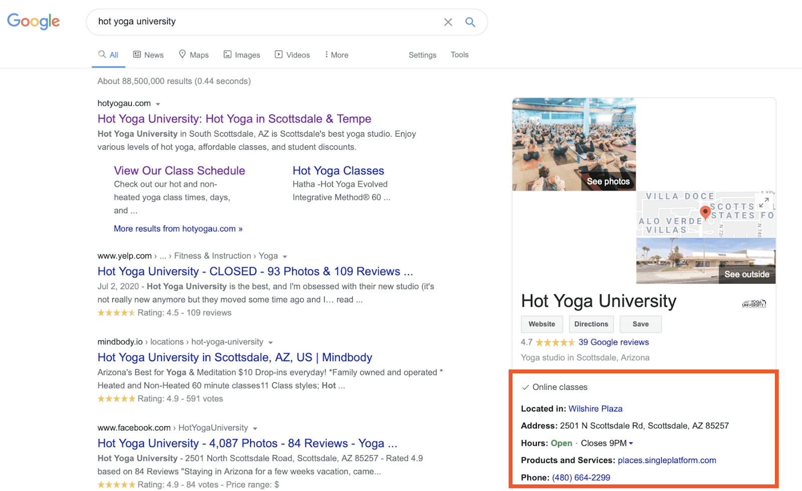 Resultados de búsqueda de Google con el panel de perfil de negocio mostrando dirección, horario y teléfono resaltados.