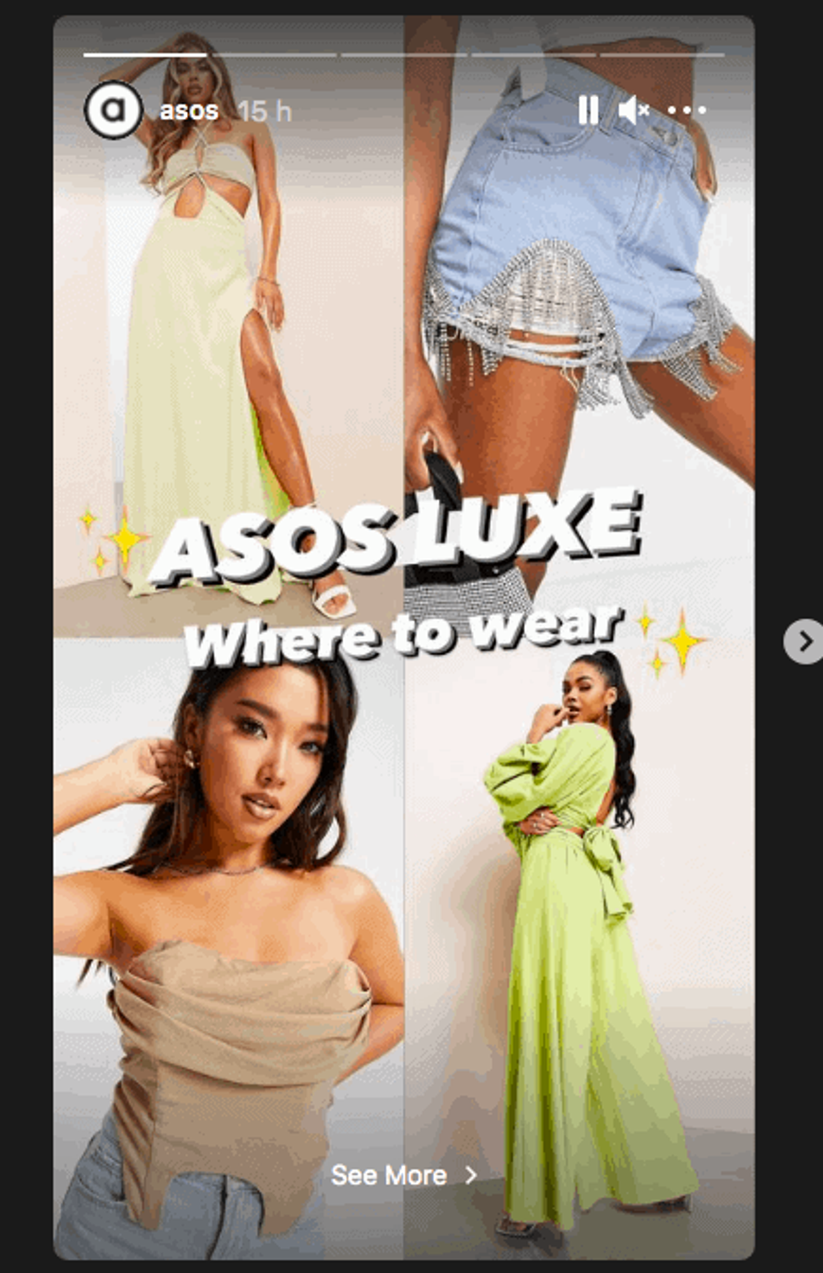 Historia de Instagram de ASOS con una cuadrícula de fotos de looks y el texto ASOS Luxe, dónde usarlo.