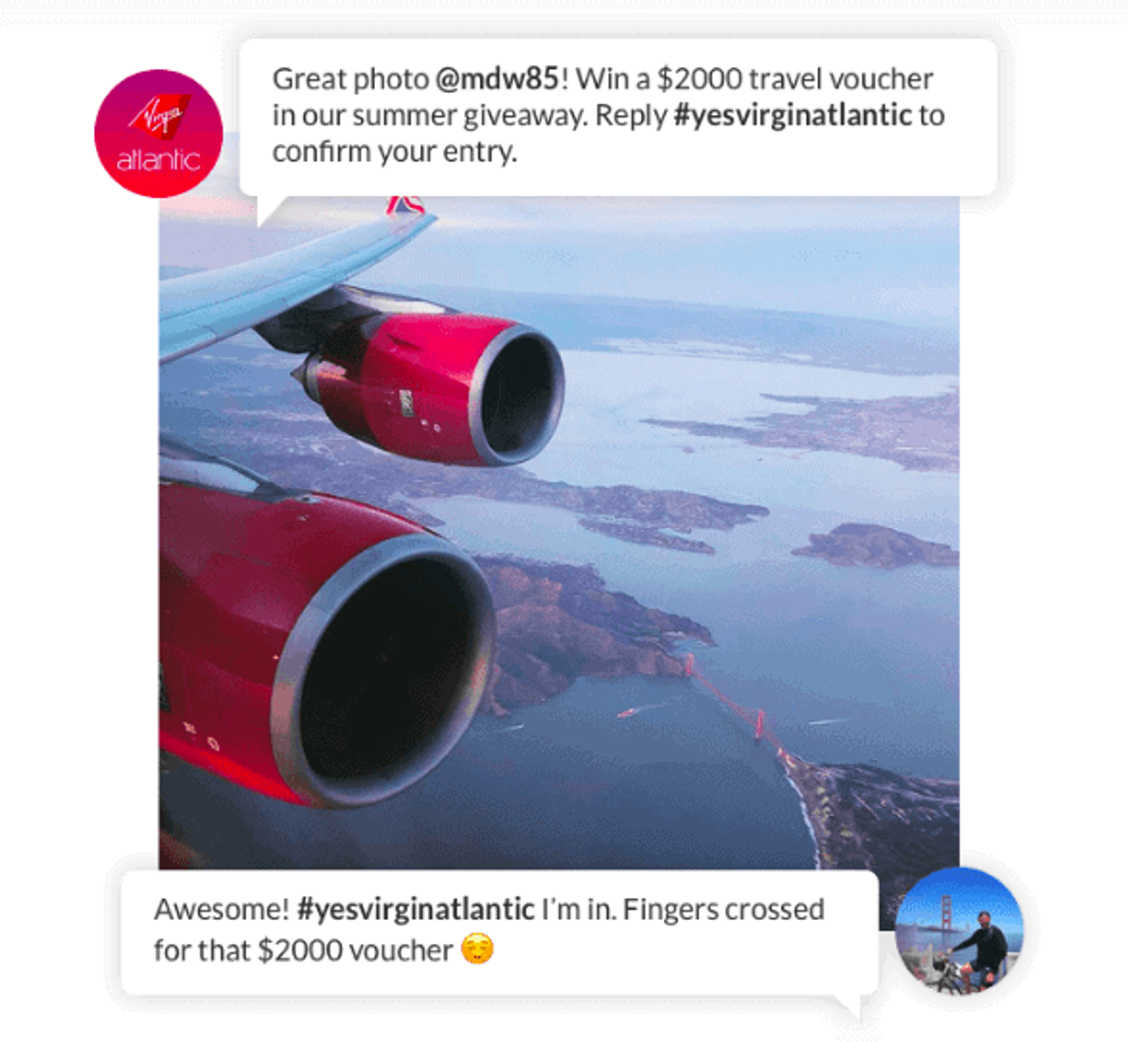 Publicación de Virgin Atlantic pidiendo permiso con hashtag para reutilizar una foto aérea de un ala de avión.
