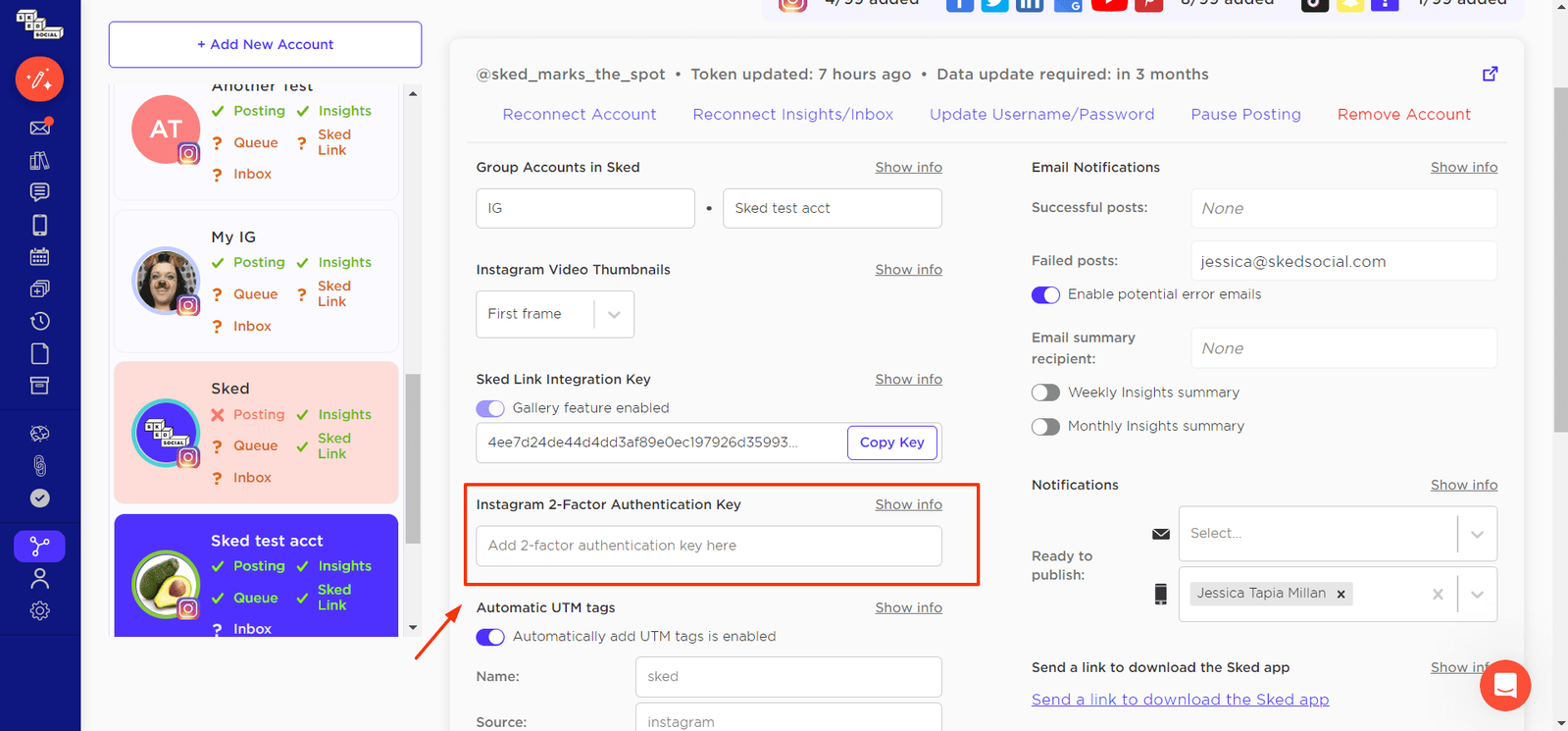 Sked Social account settings page with the Instagram two-factor authentication key field highlighted.
