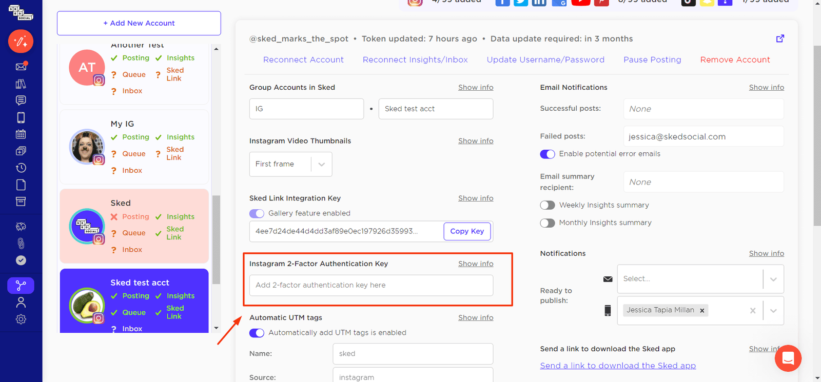 Sked Social account settings page with the Instagram two-factor authentication key field highlighted.
