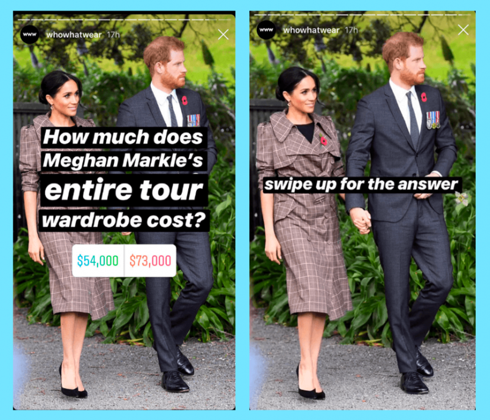 Instagram Story poll asking wardrobe cost with two dollar-amount answer options, over a couple photo.