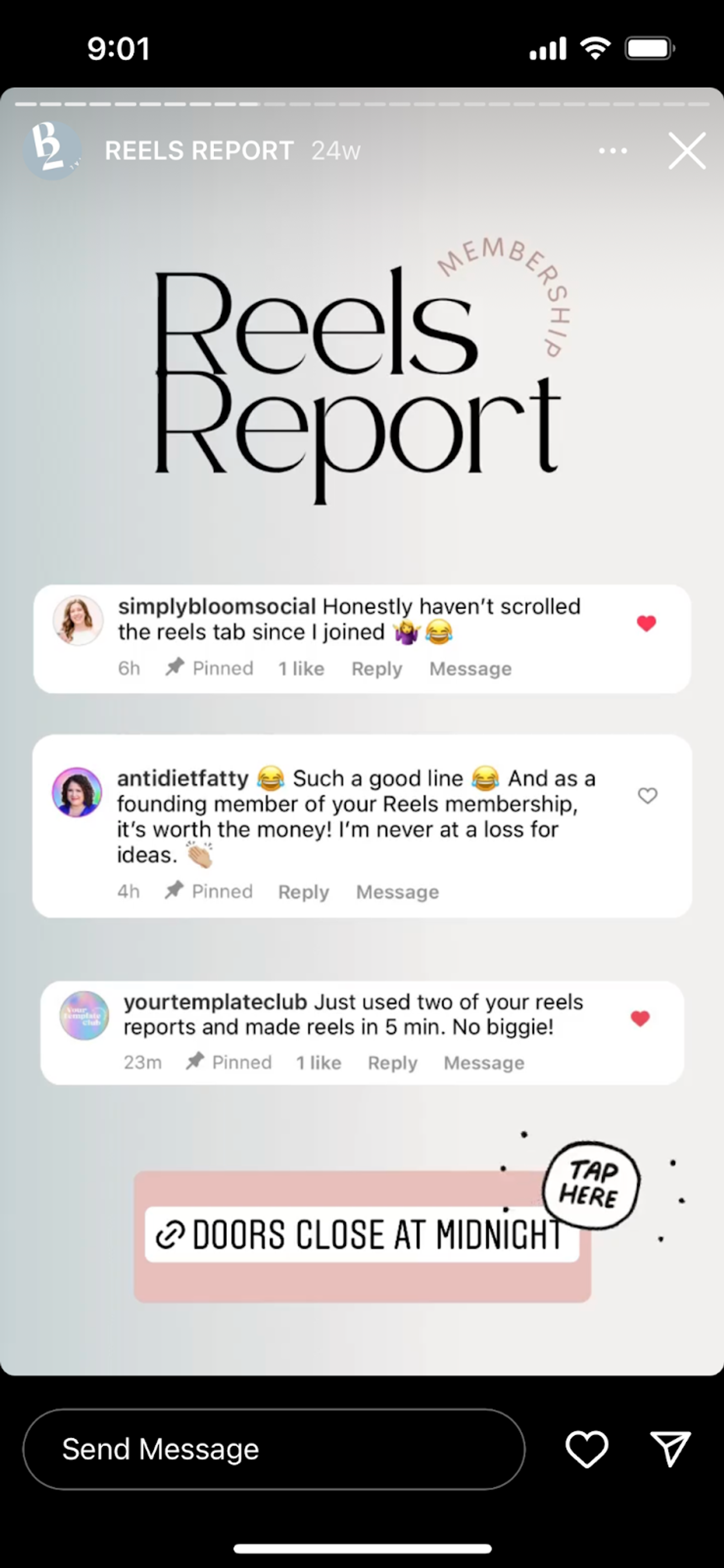 Historia de Instagram de Reels Report, con comentarios fijados y un sticker de enlace debajo.