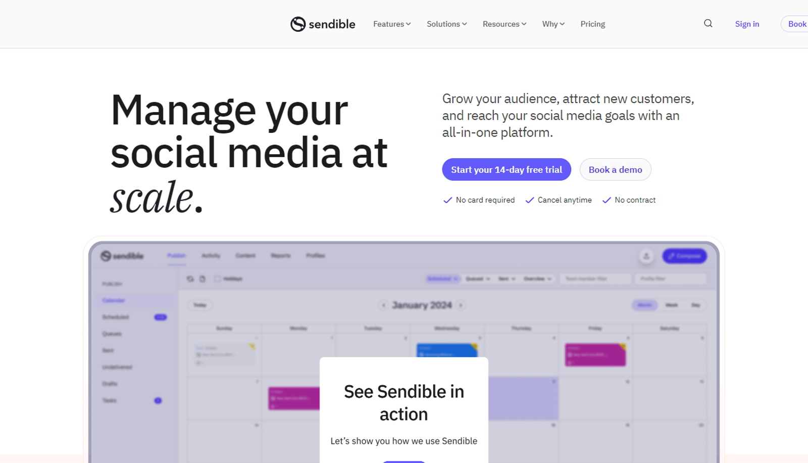 Página de inicio de Sendible, donde se ve su interfaz de calendario con las publicaciones programadas para toda la semana.