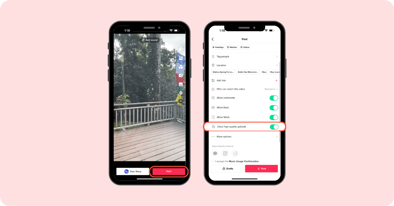 Pantallas de la app TikTok con las opciones de publicación y el interruptor de subidas de alta calidad resaltado.