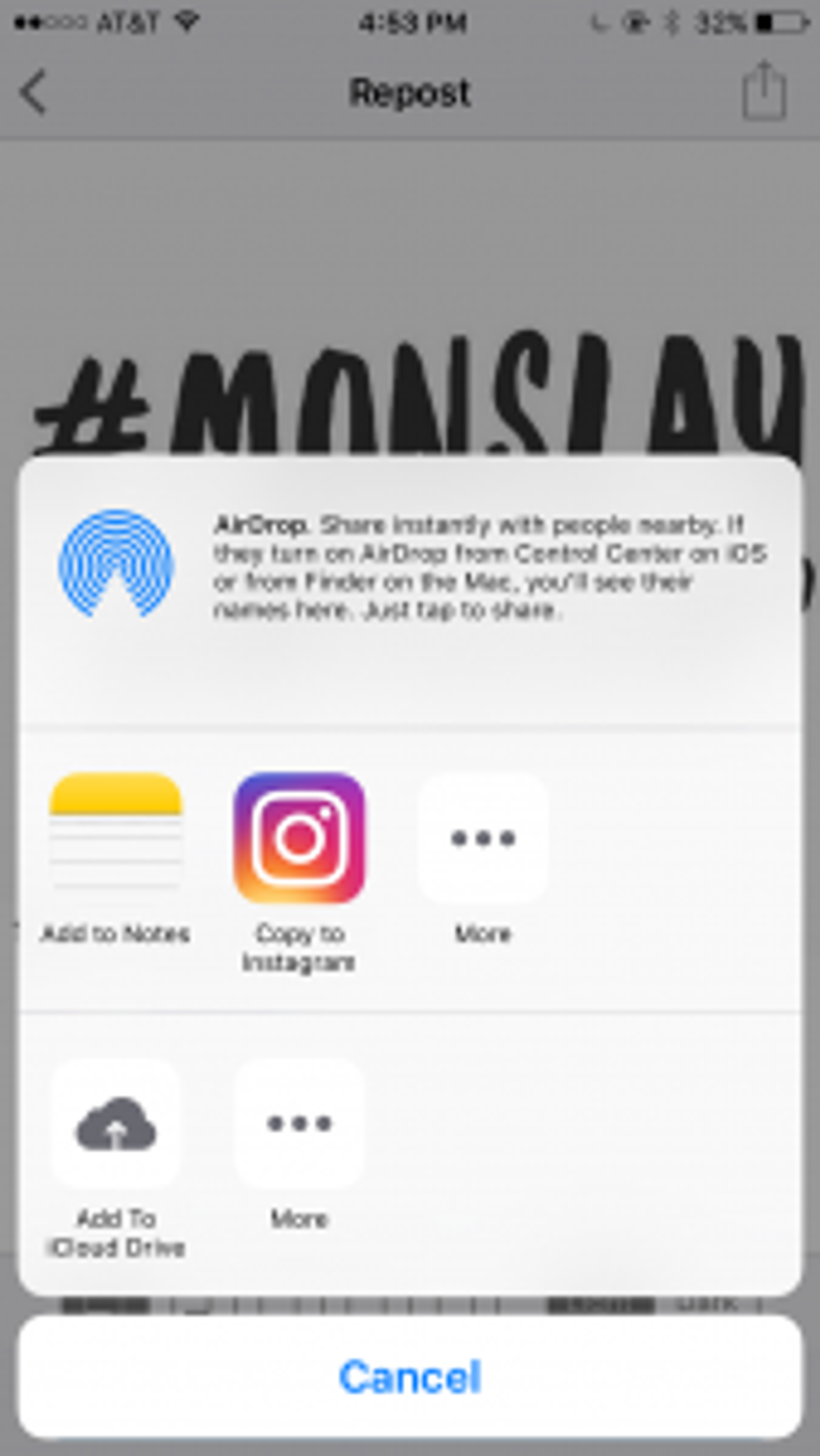 Iphone share sheet showing repost options including copy to instagram and add to notes.