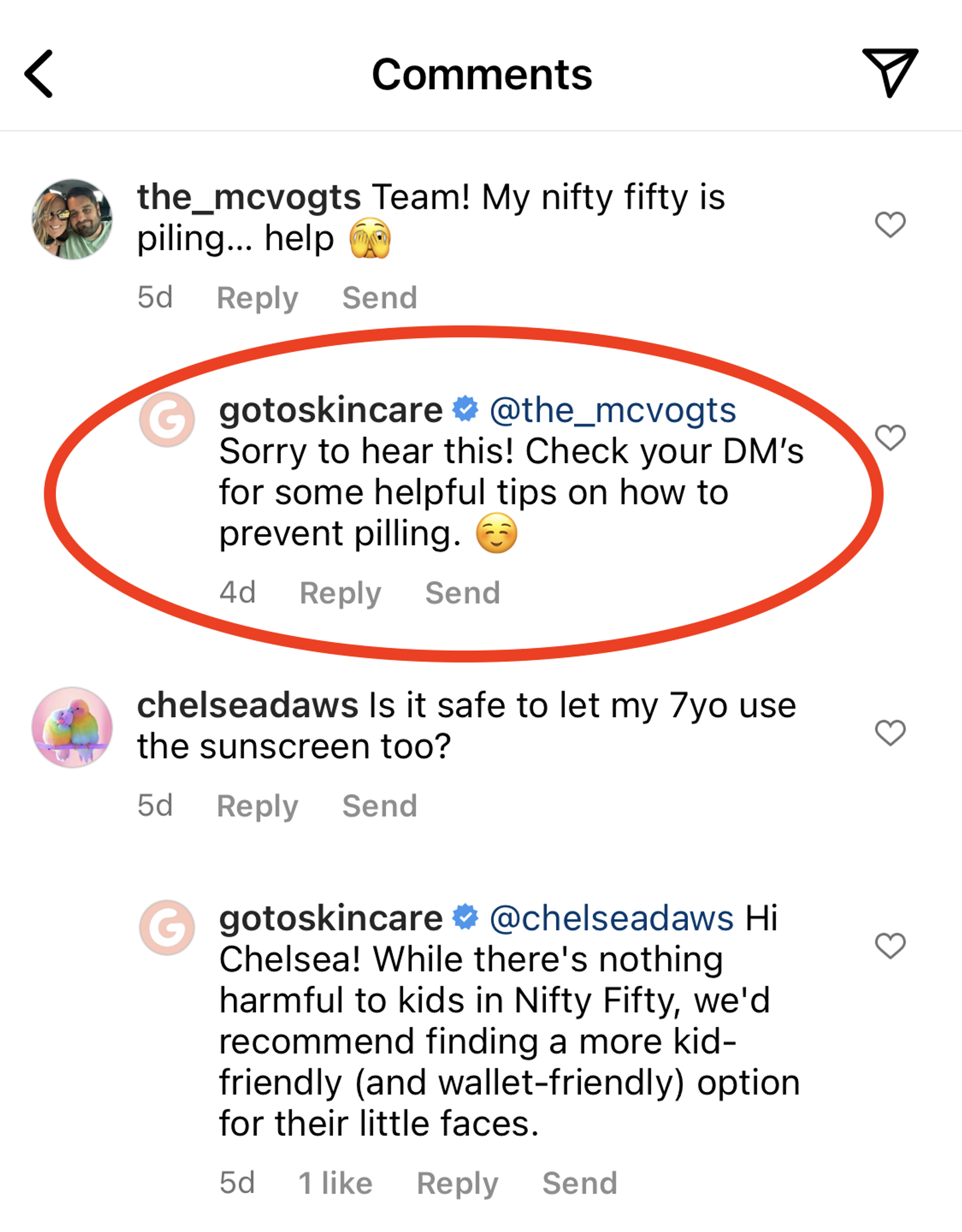 Comentarios de Instagram donde Go To Skincare responde a preguntas de clientes, con una respuesta marcada en rojo.
