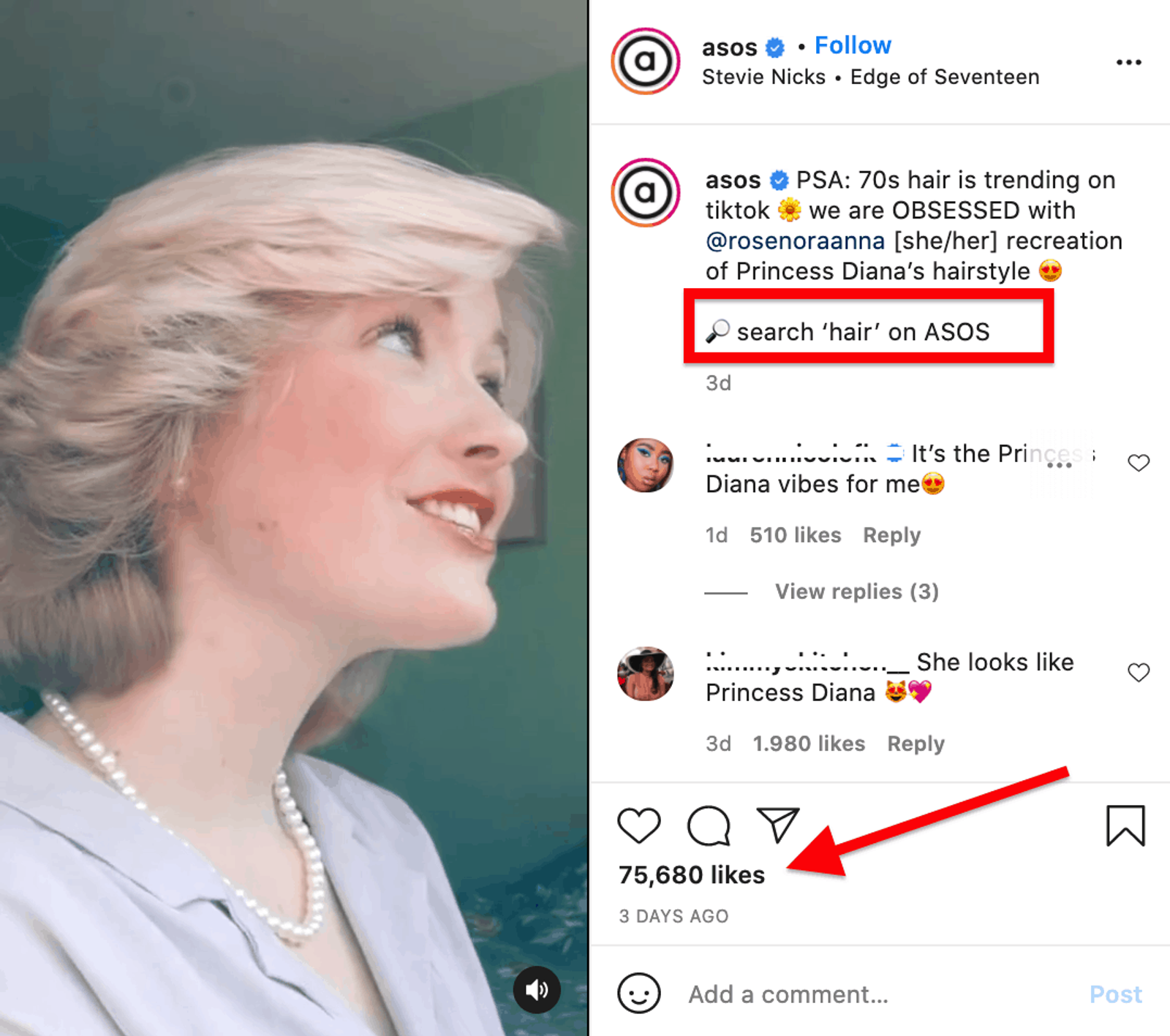Reel de Instagram de ASOS con un peinado retro recreado, junto con el pie de foto, comentarios y me gusta.