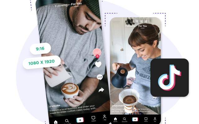 Two TikTok video feeds shown on phone screens with a 9:16 aspect ratio and 1080x1920 labels