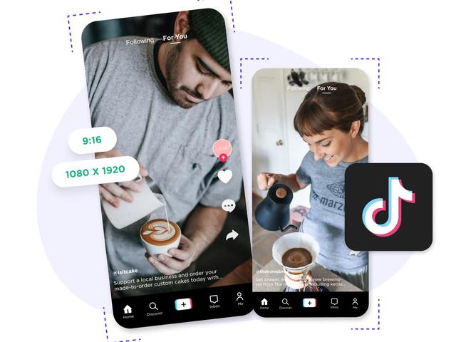 Dos vídeos de TikTok en pantallas de móvil con etiquetas de relación 9:16 y resolución 1080x1920