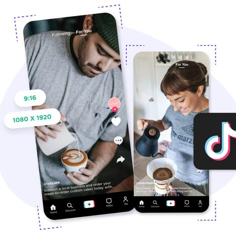 Dos vídeos de TikTok en pantallas de móvil con etiquetas de relación 9:16 y resolución 1080x1920