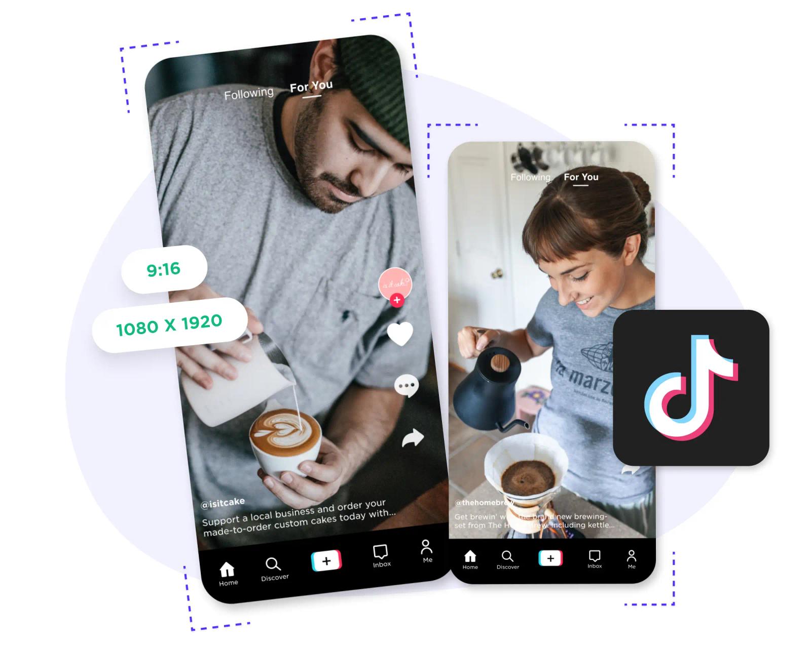 Two TikTok video feeds shown on phone screens with a 9:16 aspect ratio and 1080x1920 labels