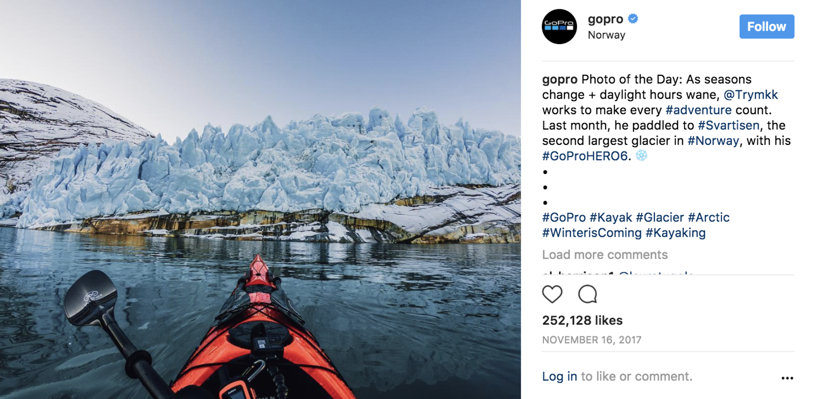 Publicación de Instagram de GoPro con un kayak remando hacia un glaciar en Noruega, con texto y contador de me gusta.