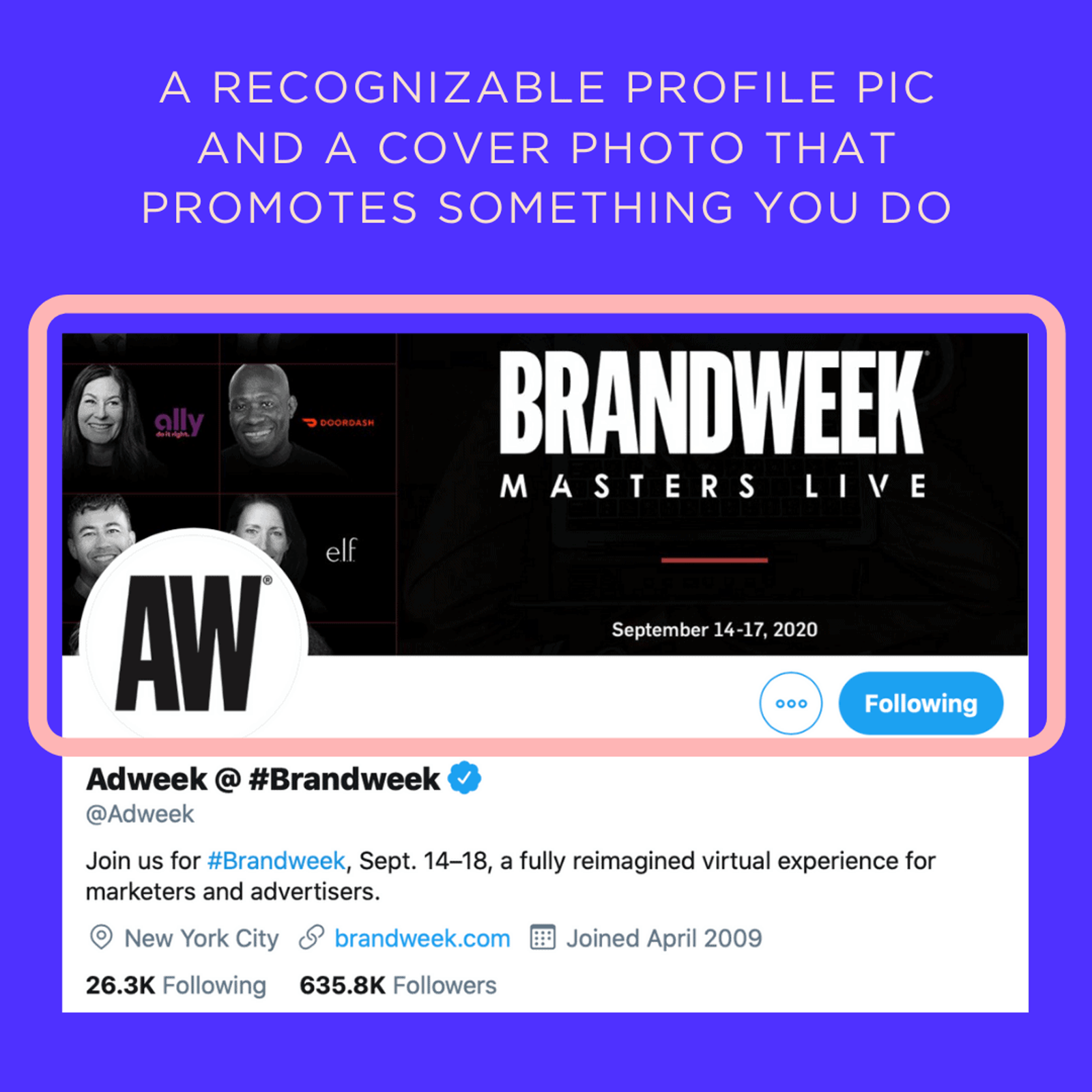 Adweek's Twitter profile with AW logo picture and a Brandweek Masters Live event cover photo.