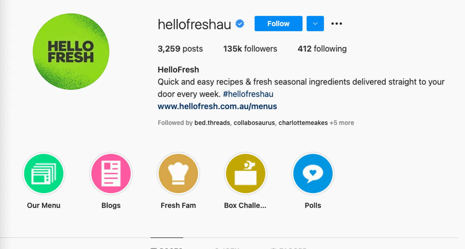 Bio de Instagram de Hello Fresh