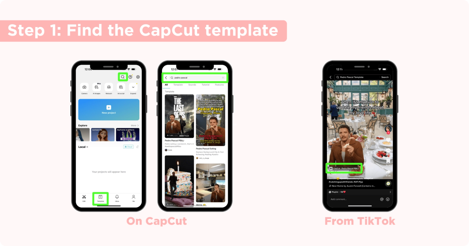 Three phone screens showing CapCut's template search and a TikTok video with a highlighted CapCut label.
