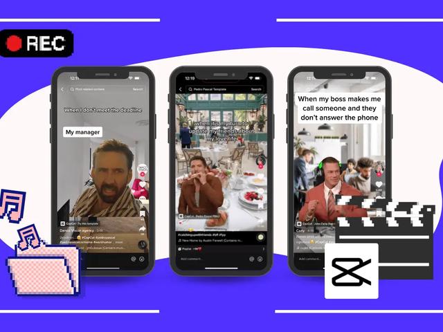 Tres iPhones mostrando videos de TikTok con texto de meme, notas musicales pixeladas, carpeta, claqueta y el logo de CapCut.