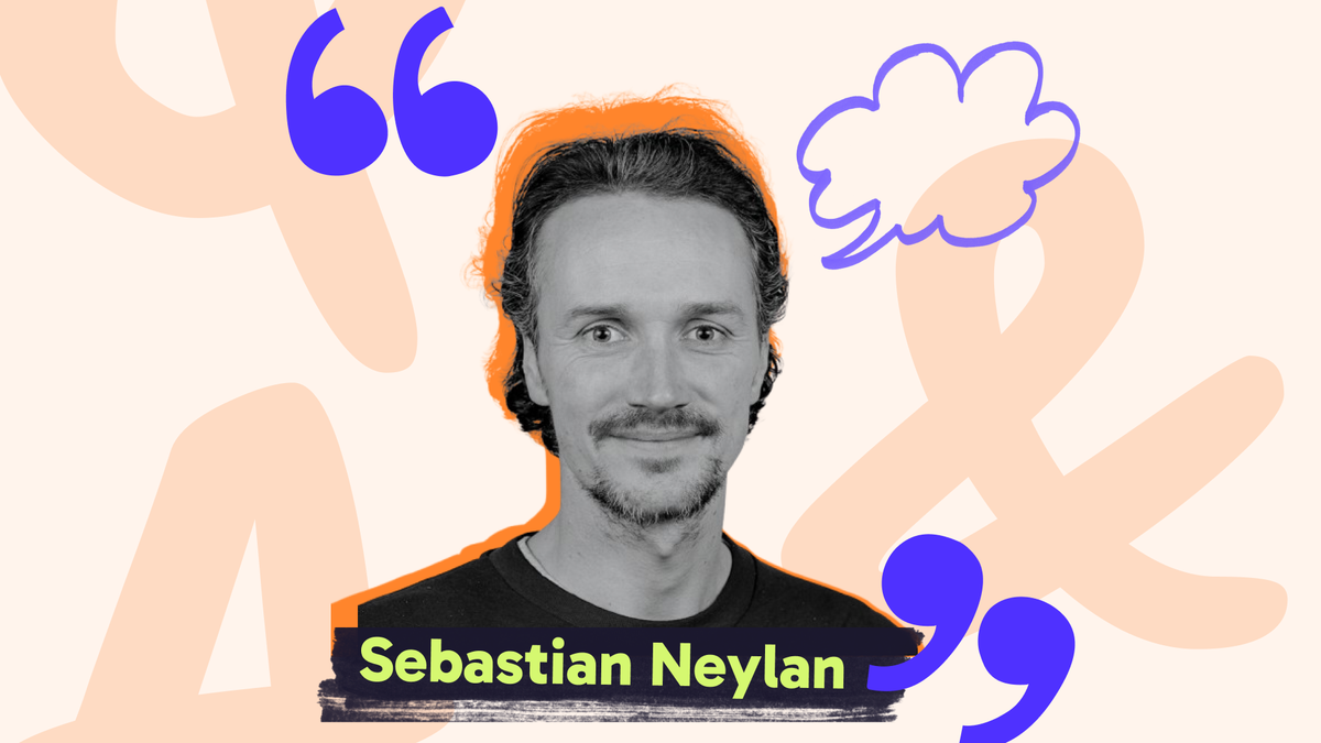 Man with beard, black shirt, orange outline, on a light background with blue quotes and thought bubble. Text: Sebastian Neylan.