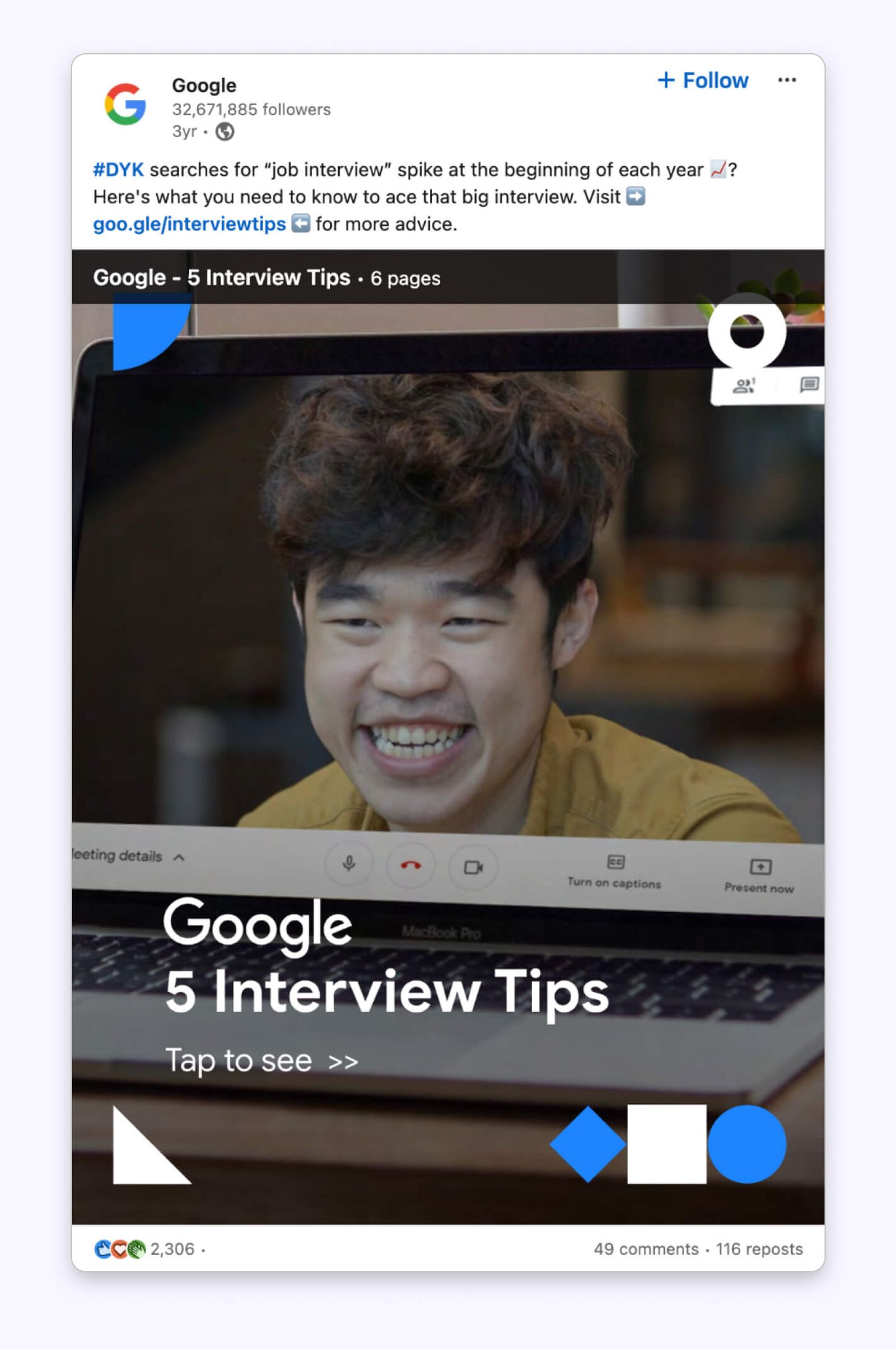 Publicación de Google en LinkedIn con un documento titulado "5 Interview Tips" y un hombre sonriente en videollamada.