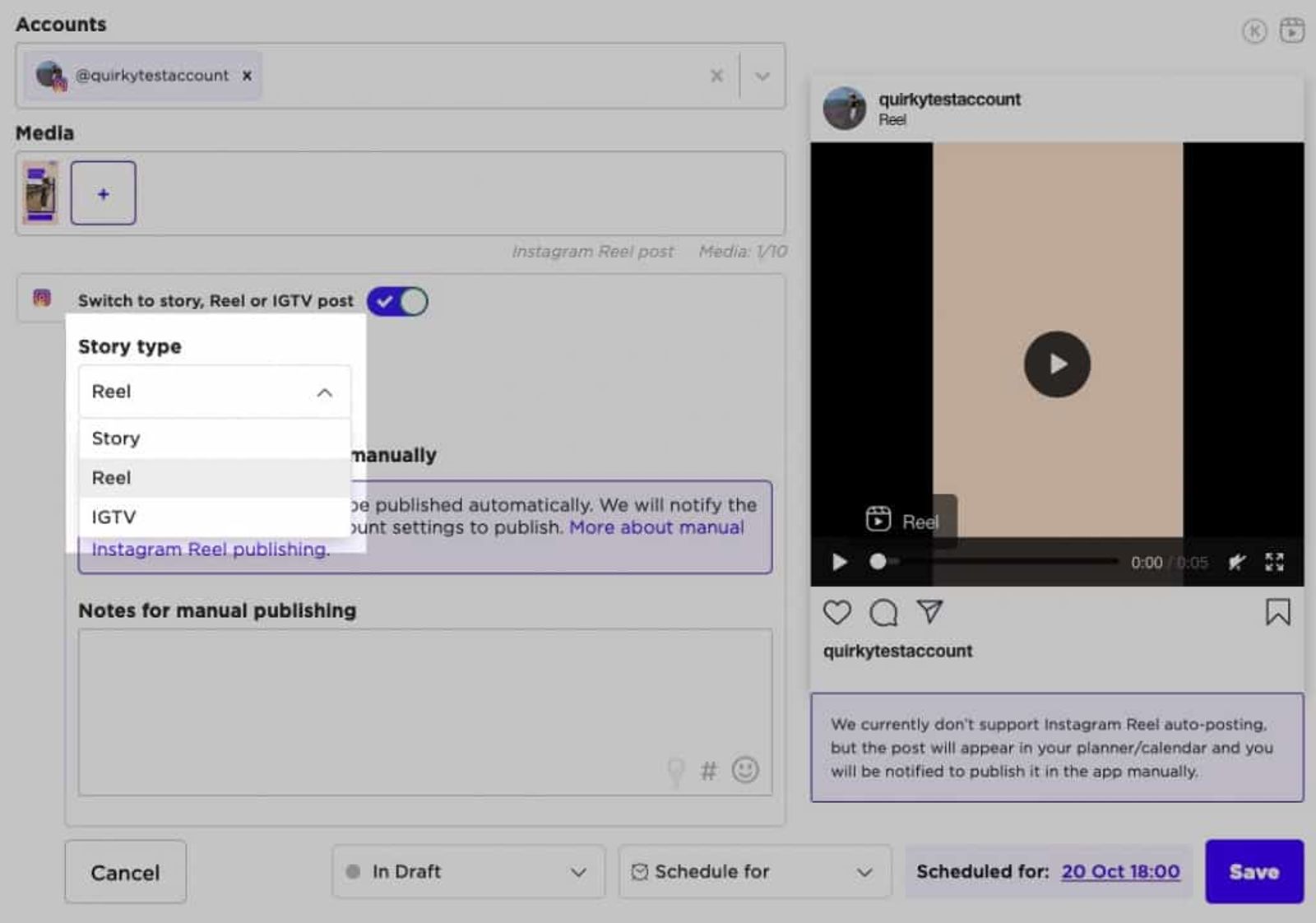 Programando una publicación de Instagram Reel