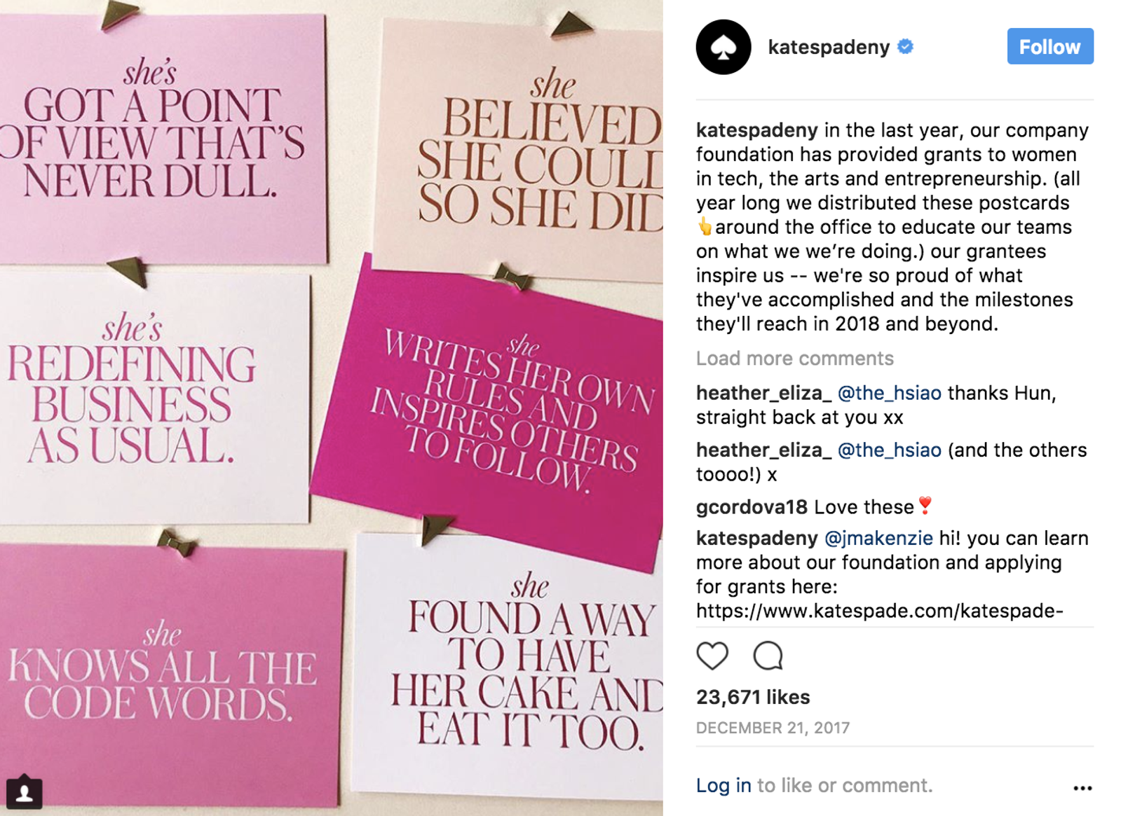 Publicación de Instagram de katespadeny con tarjetas rosas y blancas con citas inspiradoras sobre mujeres