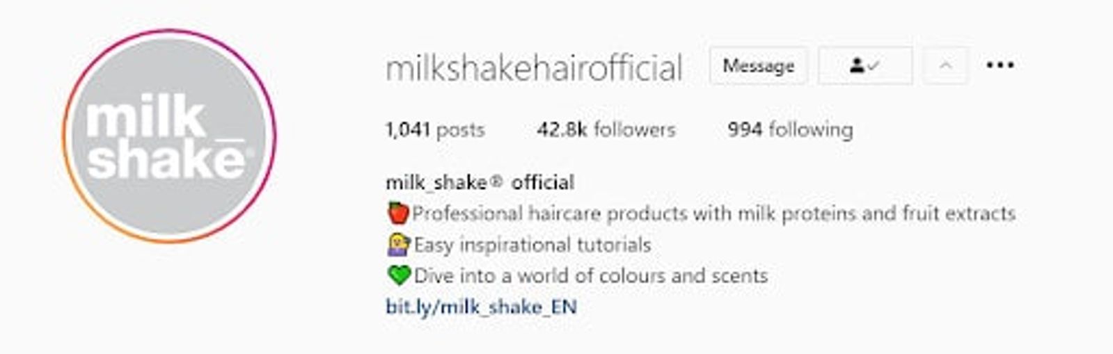 Instagram profile header for milkshakehairofficial with bio text and a link-in-bio URL.