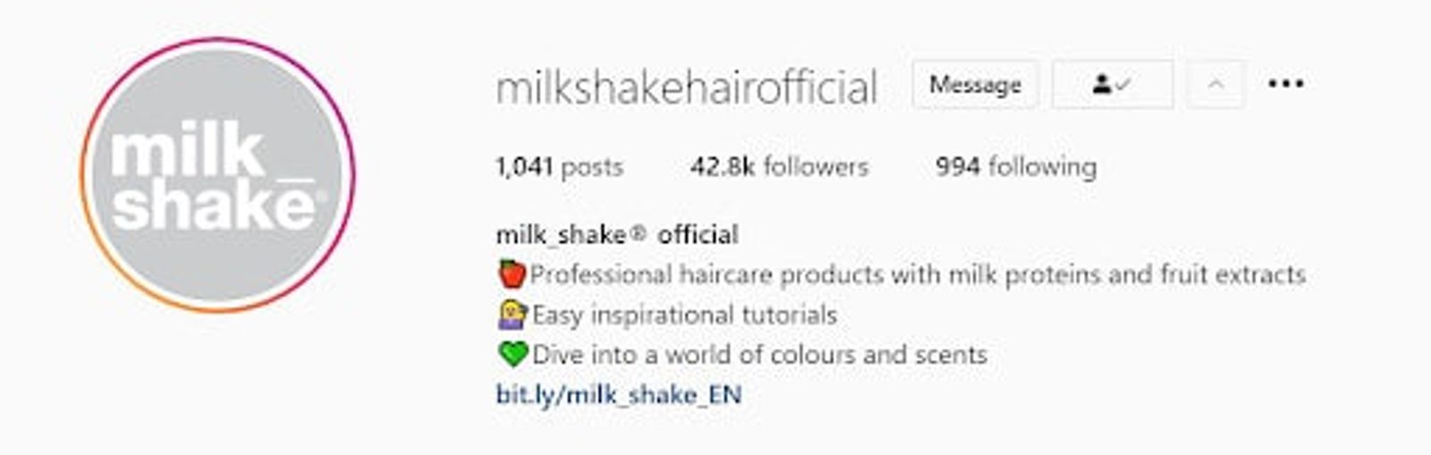 Instagram profile header for milkshakehairofficial with bio text and a link-in-bio URL.