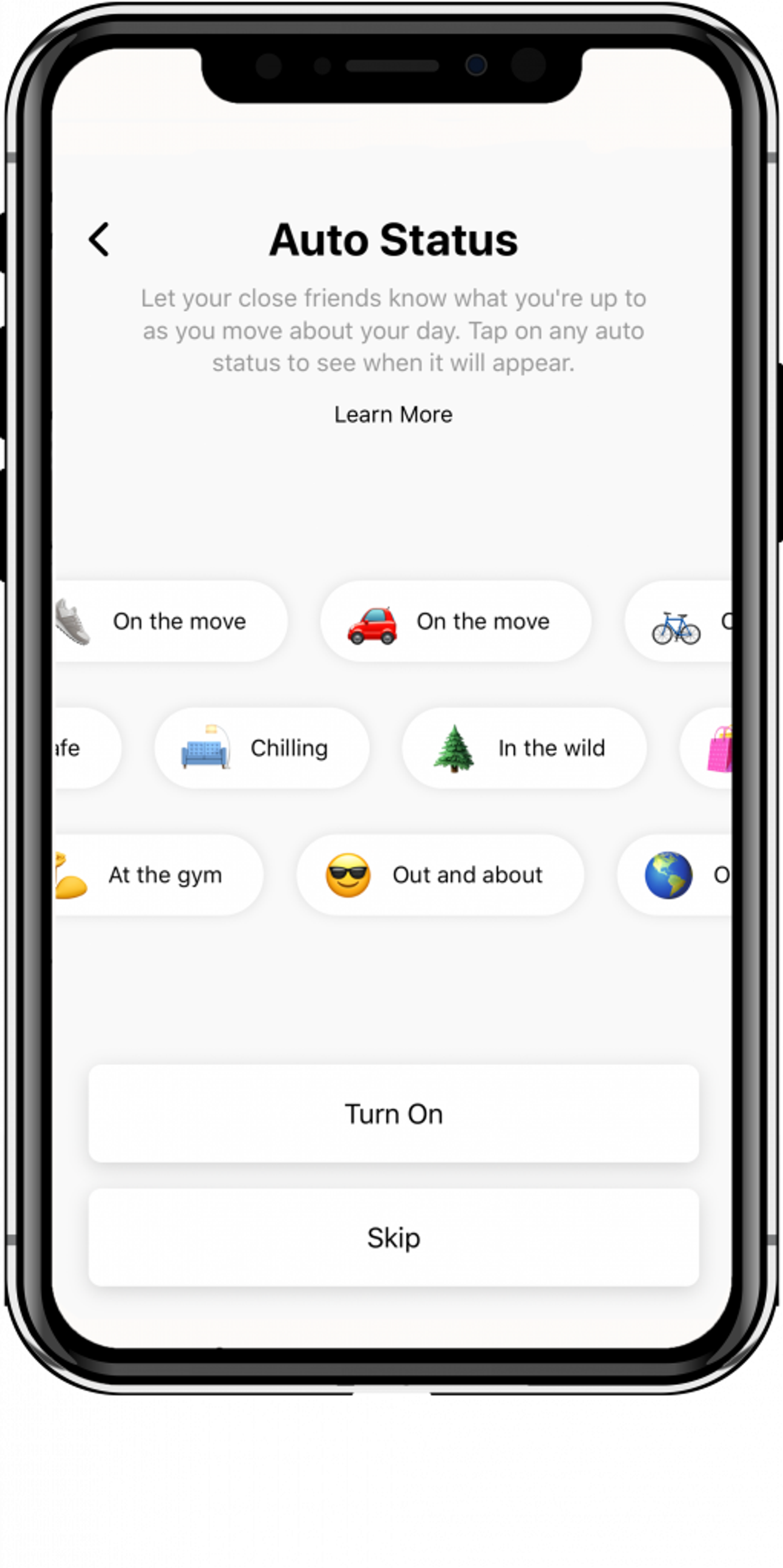 Pantalla de un teléfono con la configuración de Auto Status y opciones de estado con emojis.