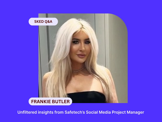 Woman with long blonde hair, wearing a black top and necklace, on a purple background. Text: SKED Q&A, FRANKIE BUTLER.