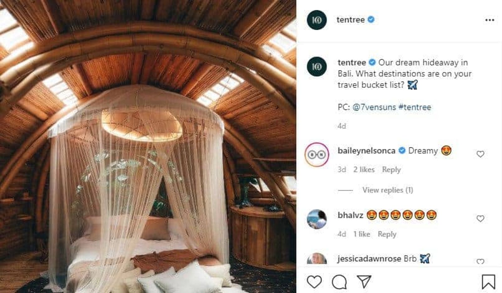 Publicación de Instagram de tentree con foto de una cabaña de bambú, texto y comentarios.