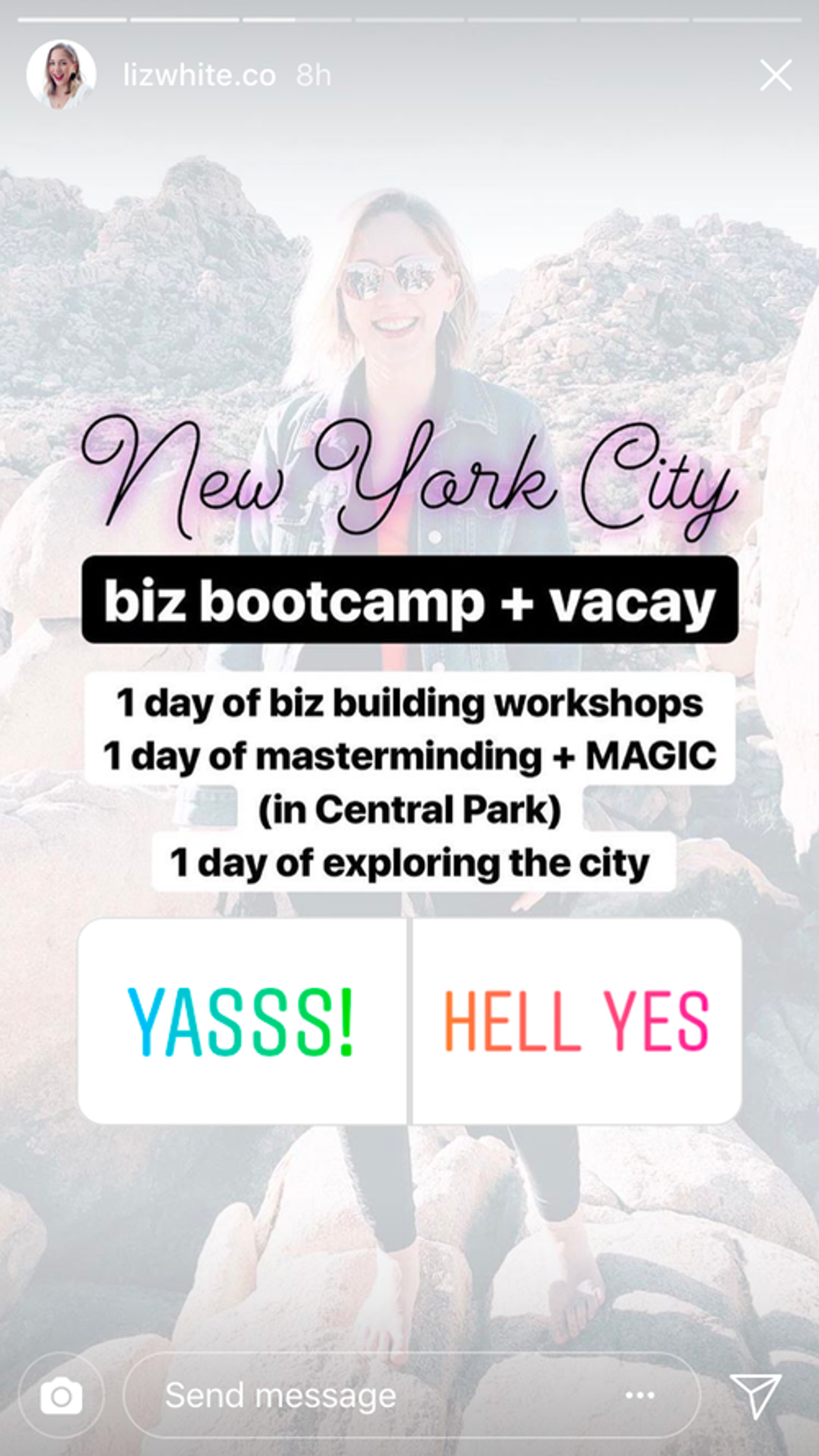Instagram Story poll asking about a New York City business bootcamp, with two enthusiastic response options.