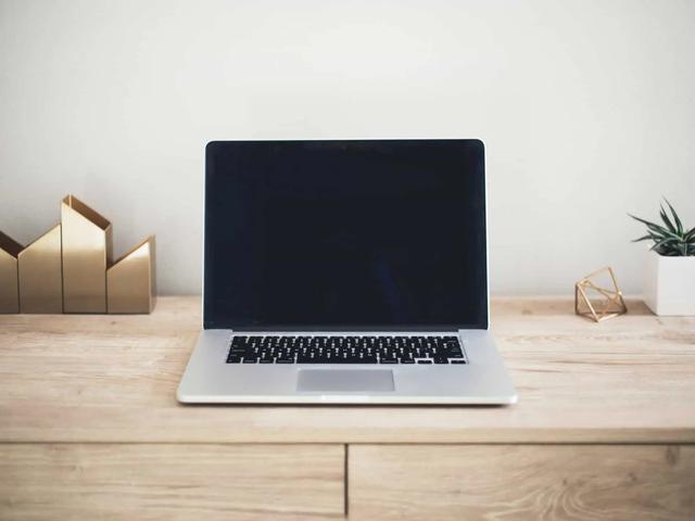 A laptop with a blank dark screen on a wooden desk with decor and a small plant