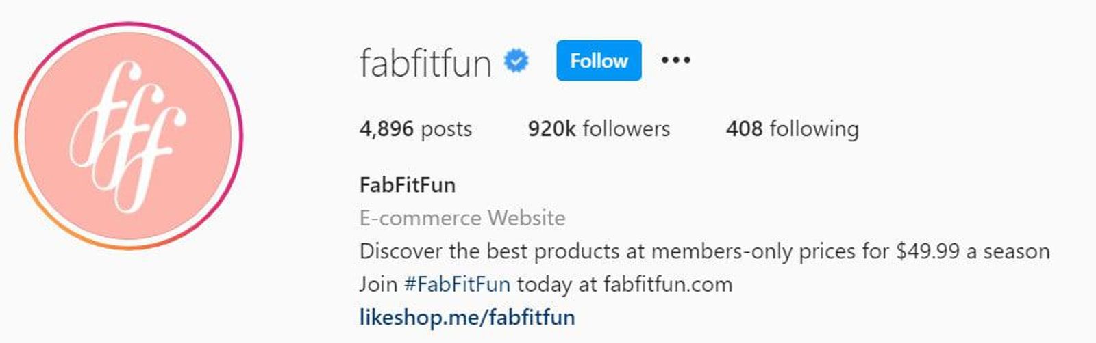 Instagram profile for fabfitfun showing an E-commerce Website label under the business name in the bio.