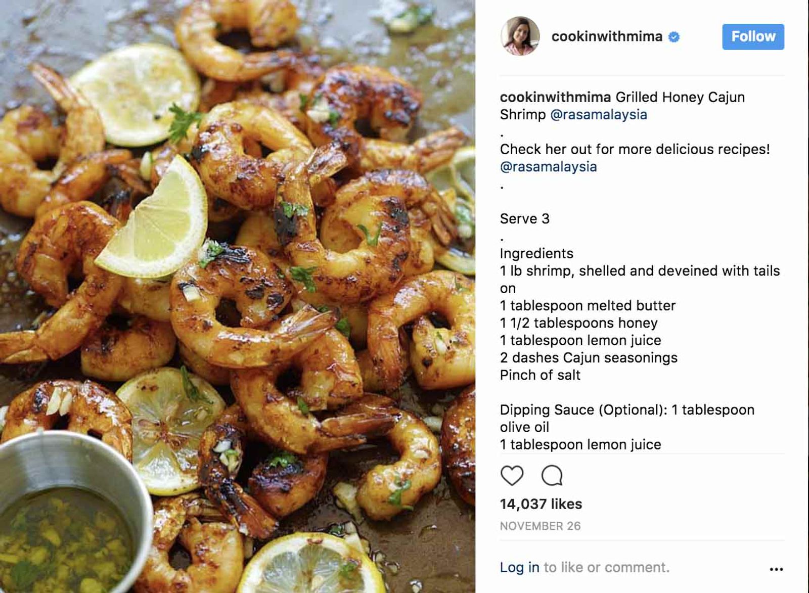 Publicacion de Instagram con camarones cajun a la parrilla, rodajas de limon y receta en el pie de foto.