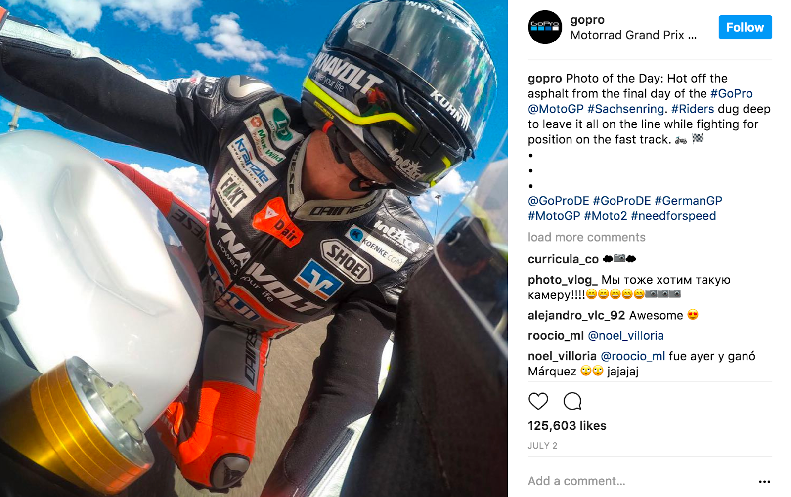 Instagram post from GoPro showing a MotoGP rider in helmet and leathers captured mid race