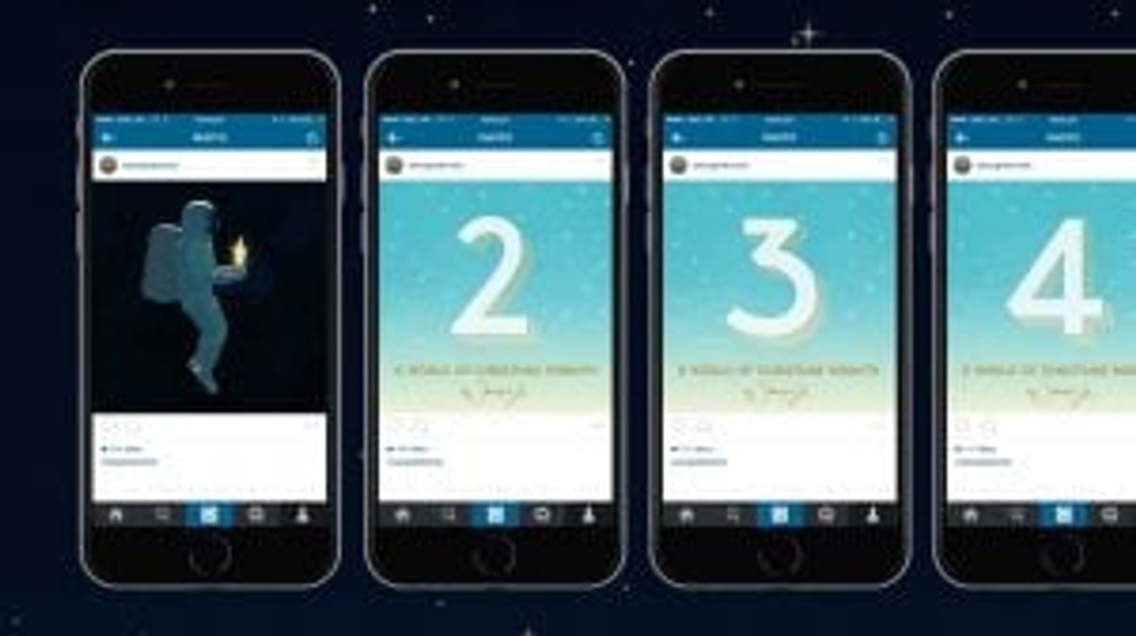 Cuatro smartphones muestran un calendario de adviento animado con ilustraciones numeradas de cuenta regresiva