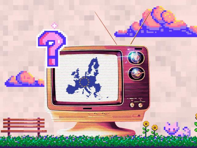 Pixel art TV showing a map of the EU, with a question mark, clouds and sunflowers around it