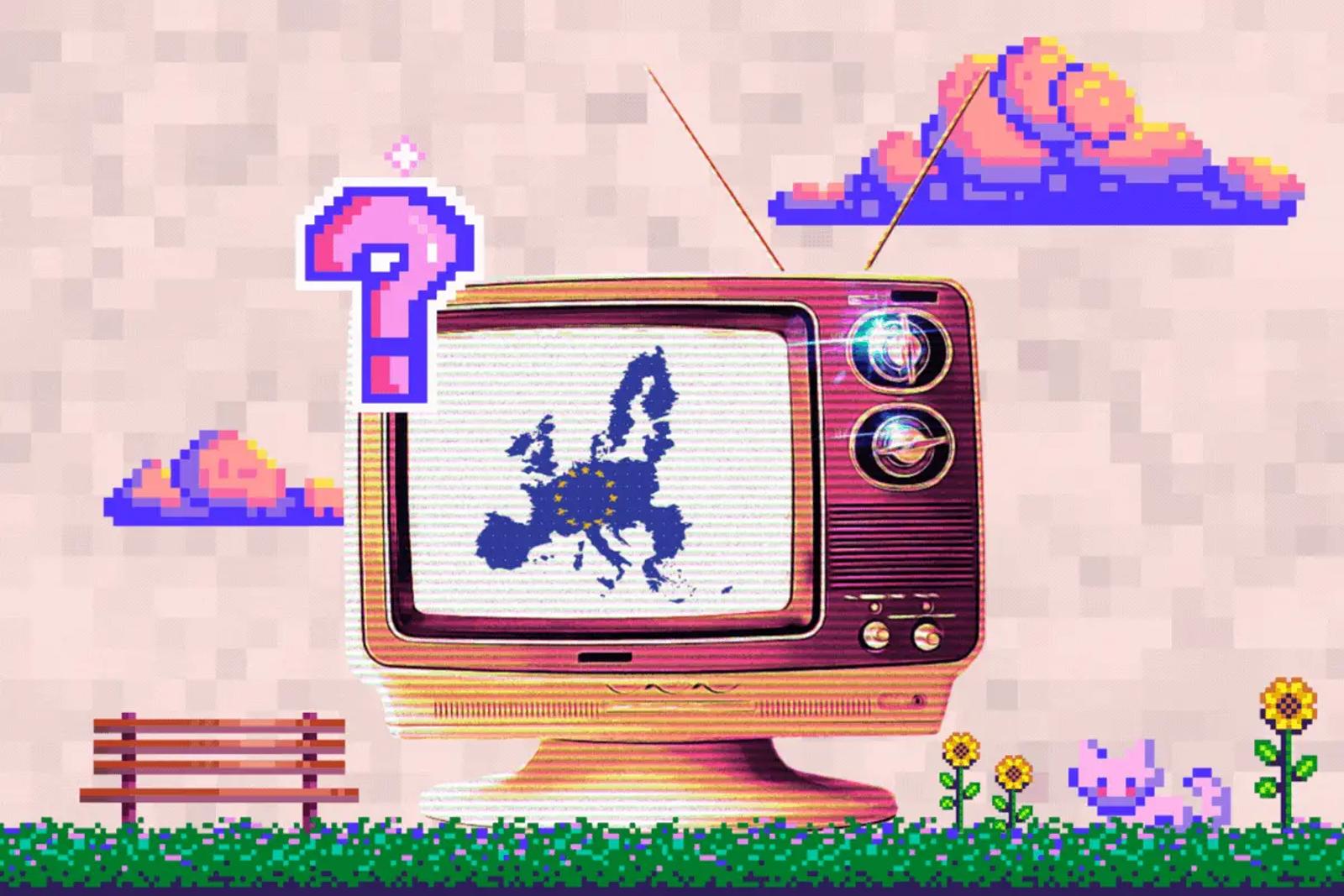 Ilustracion pixel art de un televisor con el mapa de la UE, rodeado de nubes y girasoles