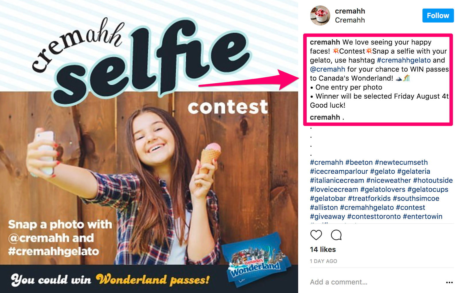 Instagram post from Cremahh showing a woman taking a selfie with gelato, promoting a hashtag contest.