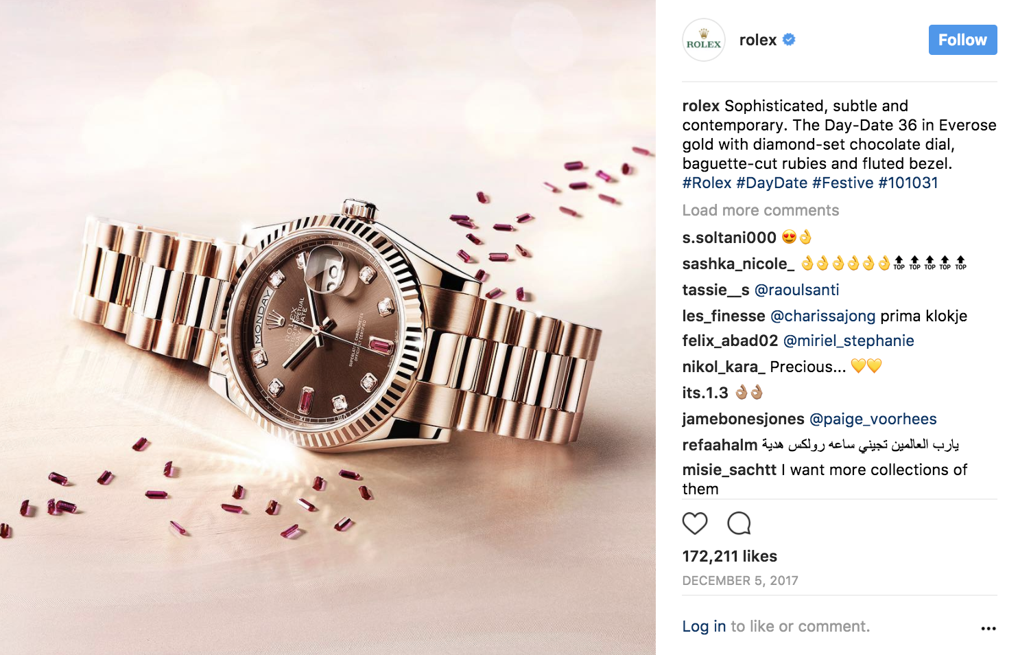 Publicación de Instagram de Rolex con un reloj dorado de esfera marrón rodeado de gemas de rubí esparcidas.