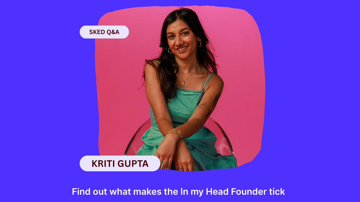 Smiling woman in green dress on clear chair, pink background. Text: SKED Q&A, KRITI GUPTA. Blue overlay.