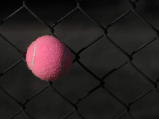 A pink tennis ball wedged in the diamond gaps of a chain-link fence