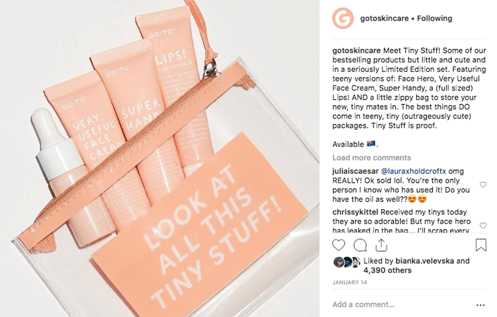 Publicación de Instagram de gotoskincare con mini productos de skincare y una bolsa durazno con cierre.