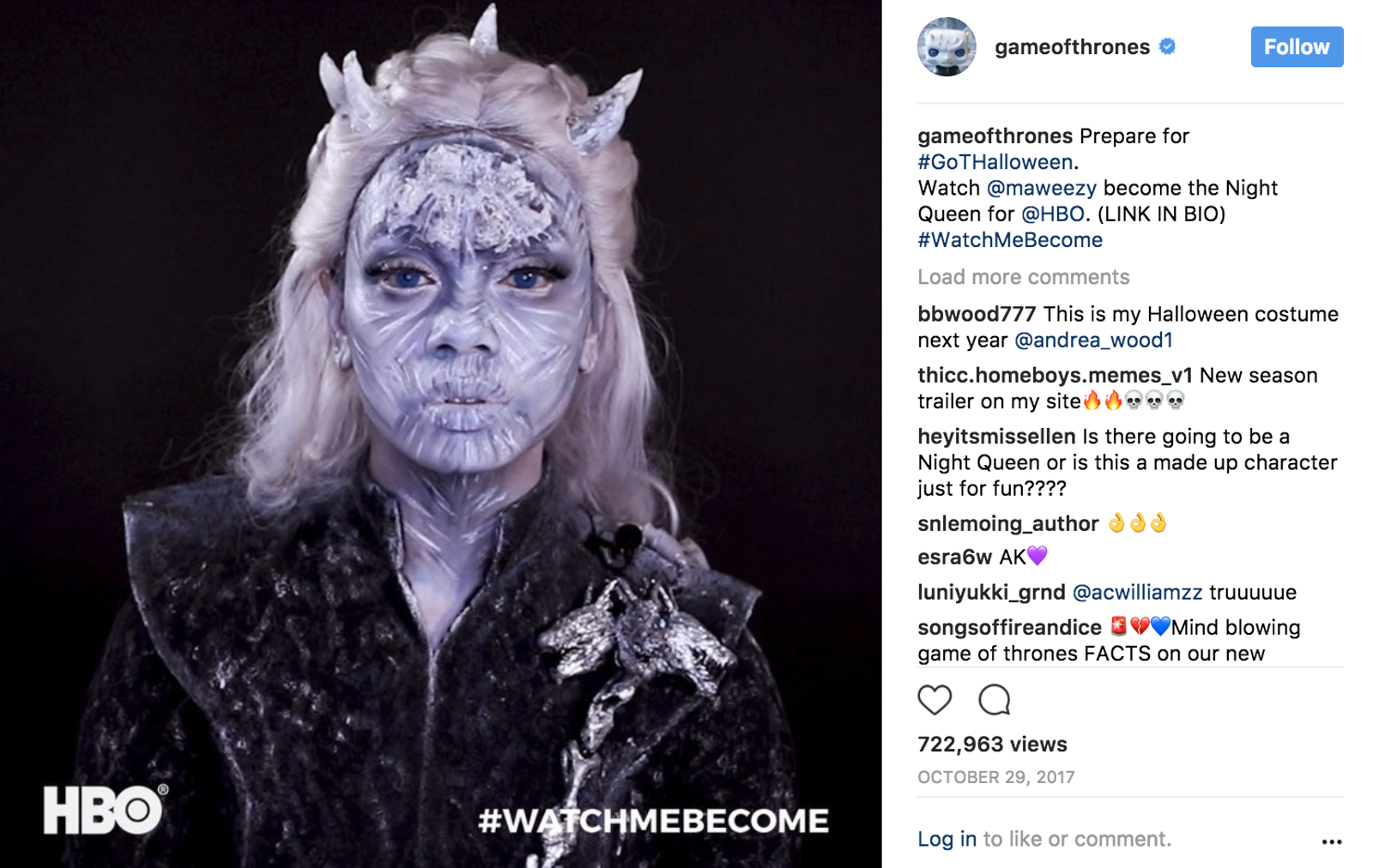 Publicación de Instagram de Game of Thrones con una persona maquillada como el Rey de la Noche para Halloween