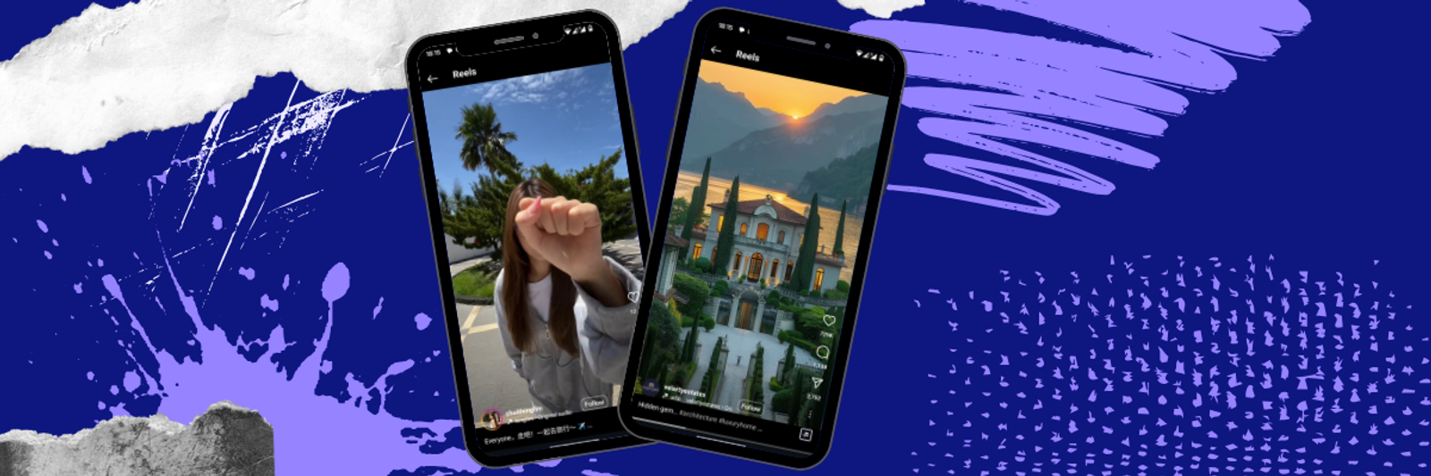 Dos teléfonos con Reels de Instagram, uno con una persona junto a palmeras y otro con una villa al atardecer.